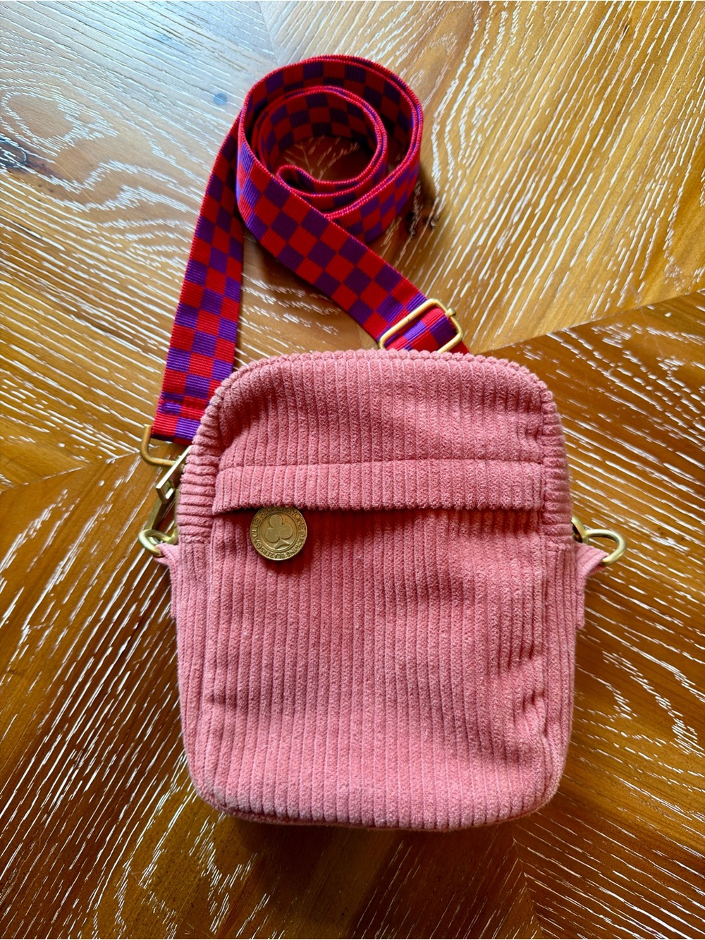 Pink Corduroy Crossbody Bag with Checker Strap